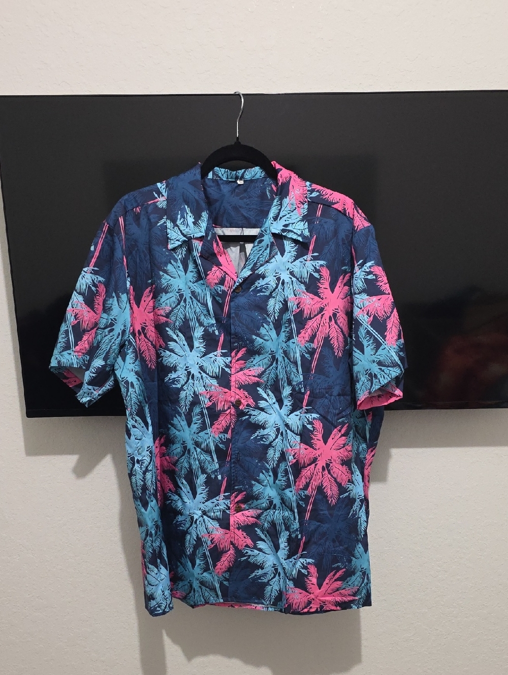 Men's Short-Sleeve Button-Down Shirt in Navy with Pink & Teal Palm Print